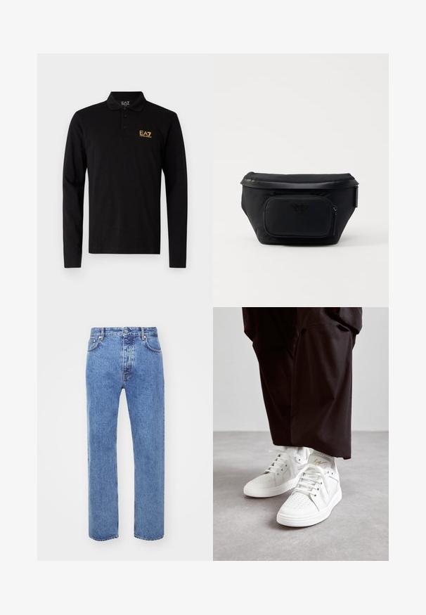 Camisa polo de manga larga negra de algodón, con una tapeta de tres botones y un logotipo bordado amarillo en contraste en el pecho.; Won Hundred STEVE - Vaqueros boyfriend - cut blue; Zapatillas altas blancas de cuero suave con detalle de puntera perforada, agujetas planas blancas y un sutil acento dorado en el talón.; Bolsa negra de nailon con un bolsillo delantero con cremallera, presenta una textura lisa y un acento de logo. Diseño estructurado con una tapa plegable.