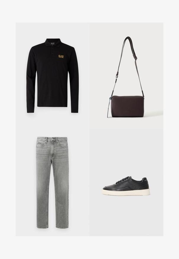 Sort langærmet polo-shirt lavet af bomuld, med en tre-knaps placket og et kontrasterende gult broderet logo på brystet.; Grå denim jeans med lige ben, der har et klassisk fem-lomme-design og subtilt slid for tekstur. Standard lynlåslukning.; Sort lædersneaker med struktureret overflade, rund tå og flad hvid gummisål. Har sorte snørebånd og branding på hælen.; Mørkebrun textured læder crossbody taske med justerbar rem og lille dekorativ blå accent på siden.