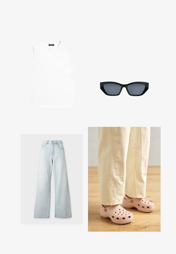 Weißes ärmelloses T-Shirt mit Rundhalsausschnitt und einem schwarzen Massimo Dutti Etikett innen am Kragen auf weißem Hintergrund.; Hellblaue, hochtaillierte, weit geschnittene Jeans mit Vorderknopf und Reißverschluss, vorderen Taschen und Gürtelschlaufen auf weißem Hintergrund.; Helle rosa Clogs aus Gummi, mit Belüftungslöchern, einer konturierten Form und einer strukturierten Sohle für Halt. Getragen mit hellbeigen Hosen.; Schwarze Katzenaugen-Sonnenbrille mit dicken Rahmen und dunkel getönten Gläsern, vor weißem Hintergrund gezeigt.