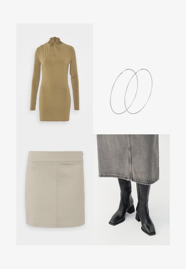 DAY Birger et Mikkelsen GAVIN DELICATE STRETCH - Langærmet T-shirt - breen; Beige miniskirt lavet af glat stof, med en lige skæring, enkelt design og en skjult lynlås i siden.; Sorte knæhøje støvler i glat læder med firkantet tå og blokeret hæl. Båret med en grå denimnederdel med flosset kant.; Sølvøreringe med et minimalistisk design. Cirkulær form, glat tekstur og tynd profil. Letvægtige med en poleret overflade.