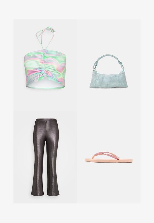 Monki Top - multicolor; Even&Odd Bukser - black/silver; Lyserød flip-flop med en glitrende rem, tekstureret gummisål og enkelt fladt design. Der er detaljer som et skinnende forbindelsesstykke.; Mascara Clutches - mint
