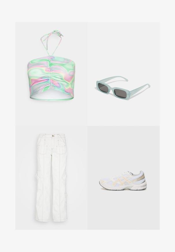 Monki Μπλούζα - multicolor; BDG Urban Outfitters Τζιν χαλαρής εφαρμογής - white; Λευκό αθλητικό παπούτσι με διχτυωτό υλικό, που διαθέτει ανοιχτό πορτοκαλί και γκρίζες λεπτομέρειες, υφασμάτινη σόλα και επένδυση στον αστράγαλο για άνεση.; Ενα ζευγάρι ορθογώνια γυαλιά ηλίου με ανοιχτό μπλε ημιδιαφανείς σκελετούς και σκούρους γκρι φακούς, διαθέτοντας ίσιες βραχίονες και ελάχιστες λεπτομέρειες υλικών.