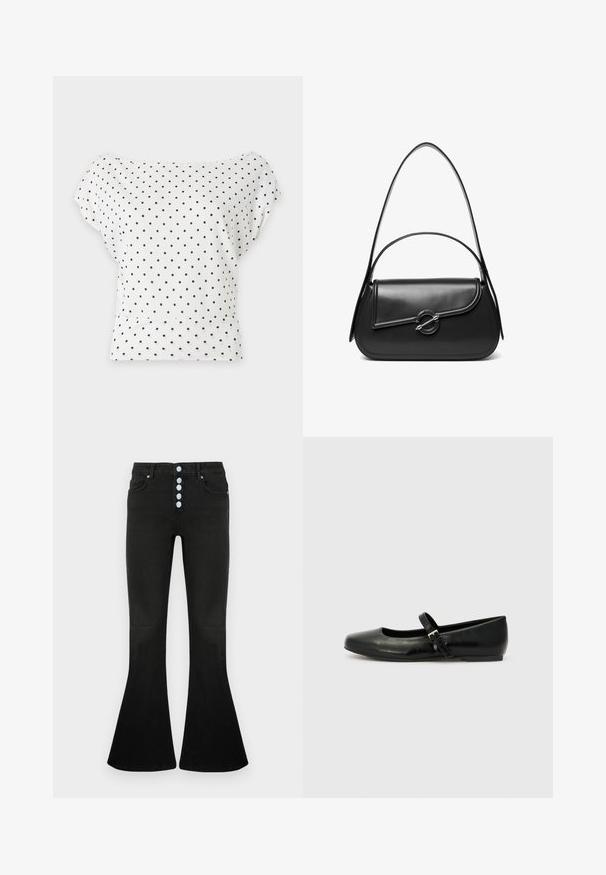 Top blanc à manches courtes avec pois noirs, large encolure bateau et ourlet ajusté à la taille.; Jean évasé noir taille haute, braguette à cinq boutons, texture en denim doux et détails de coutures discrètes sur les poches et les coutures.; Ballerines en cuir noir avec un bout arrondi, une semelle plate et une fine sangle ajustable sur le cou-de-pied avec une boucle en métal.; Sac à bandoulière en cuir noir avec un rabat incurvé fermé par un fermoir métallique rond et une sangle fine et ajustable.