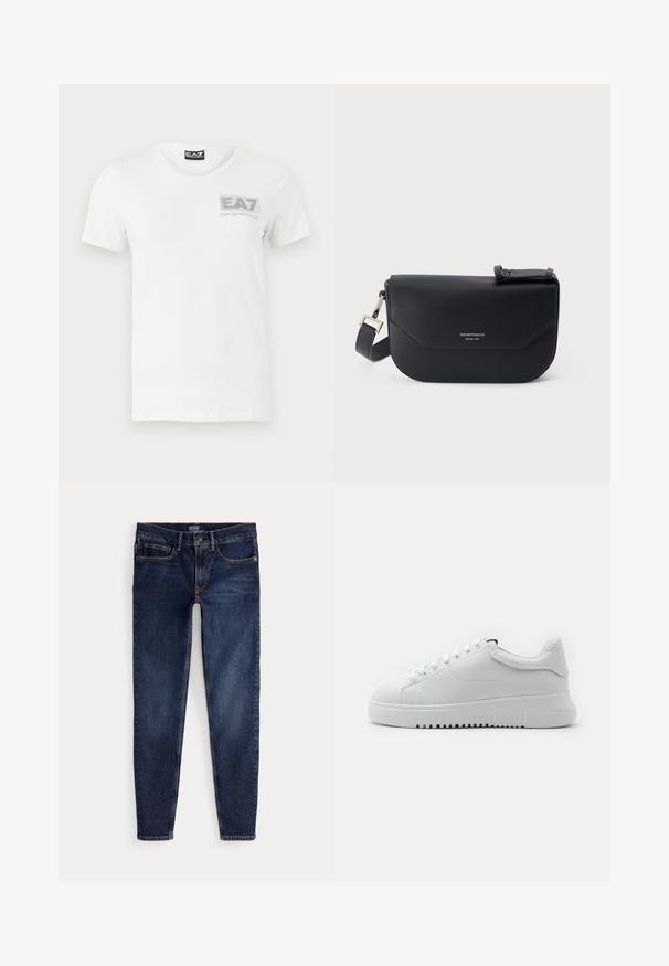 Witte katoenen T-shirt met korte mouwen, ronde halslijn en een zilverkleurig EA7-logo op de linker borst. Gladde textuur, casual pasvorm.; Donkerblauwe slim-fit jeans met knoop- en ritsluiting aan de voorkant, voor- en achterzakken en zichtbare stiksels op een effen achtergrond.; Witte sneakers met een bovenwerk van gemarmerd leer, ronde neus en vetersluiting. Dikke witte rubberen zool met een gemarmerd grippatroon.; Zwarte leren Emporio Armani crossbodytas met klepsluiting en verstelbare riem, geperst logo en Milano 1981 tekst aan de voorkant.