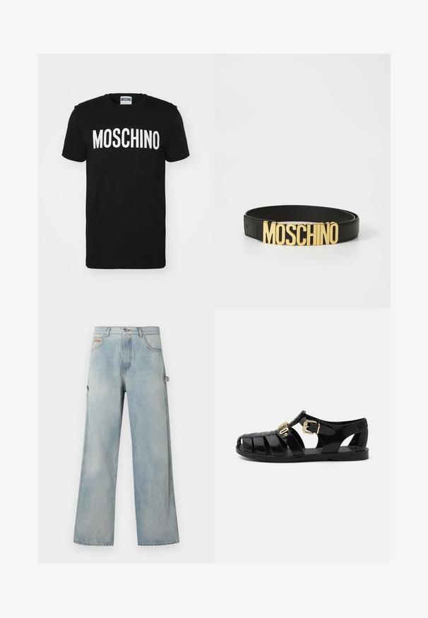 Čierne bavlnené tričko s tučným bielym nápisom "MOSCHINO" na prednej strane; okrúhly výstrih a krátke rukávy. Jednoduchý dizajn, klasický strih.; Svetlomodré džínsové nohavice s širokými nohavicami, piatimi vreckami, zapínaním na gombík a okrúhlym pútkom na pravej strane na náradie alebo doplnky.; Čierne gumové šľapky s výrezovým dizajnom, s prackou zlaté farby a textúrovanou stielkou. Logo vyrazené na päte.; Čierny kožený opasok s veľkou zlatou prackou s logom "MOSCHINO", hladký povrch, nastaviteľná veľkosť a minimalistický dizajn.