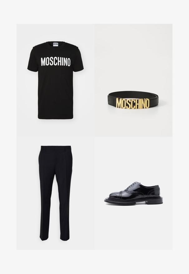 Čierne bavlnené tričko s tučným bielym nápisom "MOSCHINO" na prednej strane; okrúhly výstrih a krátke rukávy. Jednoduchý dizajn, klasický strih.; Čierne nohavice z tkaninového materiálu s priliehavým strihom, plochým predným dielom, bočnými vreckami a rovnými nohavicami.; Čierna leštená kožená brogue spoločenská obuv s perforáciou typu wingtip a stohovaným podpätkom, zobrazená z bočného profilu na bielom pozadí.; Čierny kožený opasok s veľkou zlatou prackou s logom "MOSCHINO", hladký povrch, nastaviteľná veľkosť a minimalistický dizajn.