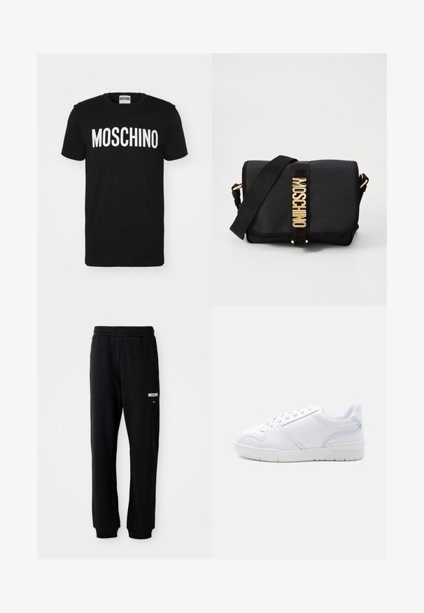 Camiseta negra de algodón con el audaz texto blanco "MOSCHINO" en la parte frontal; cuello redondo y mangas cortas. Diseño sencillo, ajuste clásico.; Pantalones de chándal negros con un corte relajado, hechos de una tela suave. Presentan una cintura elástica y el logo blanco de "Moschino" en el muslo izquierdo.; Zapatilla blanca de perfil bajo con diseño de cordones, parte superior sintética lisa y suela de goma con patrón sobre un fondo claro y liso.; Bolso bandolera negro hecho de nylon con una textura suave. Presenta herrajes dorados y el logotipo "MOSCHINO" en la correa frontal. Incluye una correa ajustable.