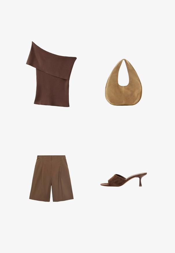 Bruin gebreid topje met één schouder, brede omgevouwen halslijn en aansluitend model.; Bruine op maat gemaakte shorts met een vlakke voorkant, plooien en zijzakken. Gemaakt van een lichte stof, met een relaxte pasvorm en afgebiesde randen.; Bruine suède open-toe mule met een middelhoog, gebogen houten hak en slip-on ontwerp op een witte achtergrond.; Camelkleurige suède hobo tas met brede, afgeronde vorm en een enkel plat handvat, weergegeven tegen een effen witte achtergrond.