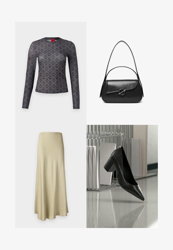 Chemise à manches longues en noir et gris avec un motif géométrique. Caractéristiques : col rond et détail de logo à l'avant et à l'arrière. Texture lisse.; Jupe longue et fluide en beige, fabriquée en tissu doux. Elle présente une texture lisse et un design simple et minimaliste sans matériel visible.; Chaussure à talon haut en cuir noir à bout pointu avec talon carré, suspendue au-dessus d'un sol réfléchissant près d'un organiseur métallique pour dossiers contenant des documents.; Sac à bandoulière en cuir noir avec un rabat incurvé fermé par un fermoir métallique rond et une sangle fine et ajustable.