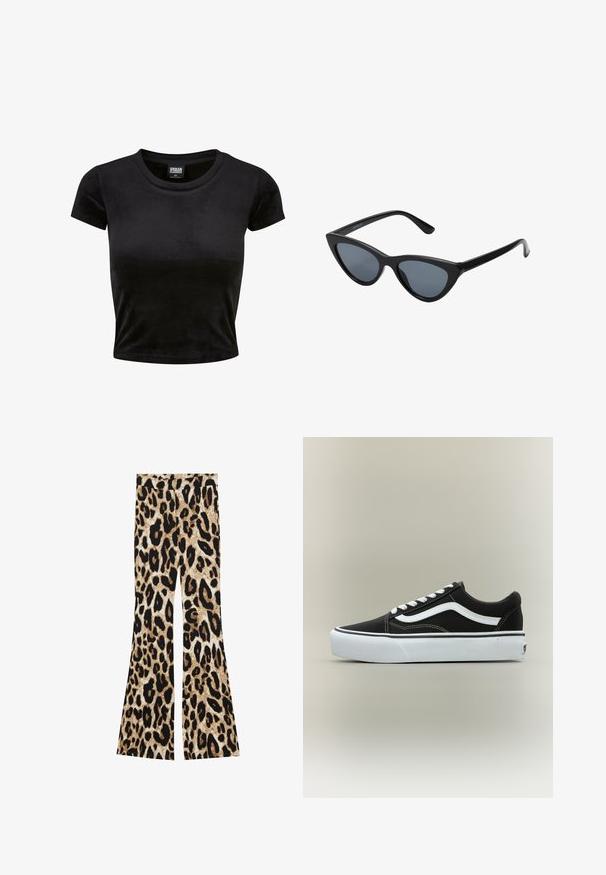 Schwarzes, kurzärmeliges Cropped-Top aus weichem, samtigem Stoff. Es verfügt über einen klassischen runden Ausschnitt und ein schlichtes Design ohne Muster oder Akzente.; Schlaghosen mit einem Leopardenmuster in Schwarz- und Brauntönen, gerippter Textur und hohem Taillendesign.; Niedriger schwarzer Sneaker mit weißem Seitenstreifen, weißen Schnürsenkeln, weißer Gummisohle und strukturierter Zehenkappe auf neutralem Hintergrund.; Schwarze Cat-Eye-Sonnenbrille mit dunkelgrauen Gläsern, schlankem Kunststoffrahmen, spitzen Ecken und geraden Bügeln. Keine sichtbaren Befestigungen oder Akzente.