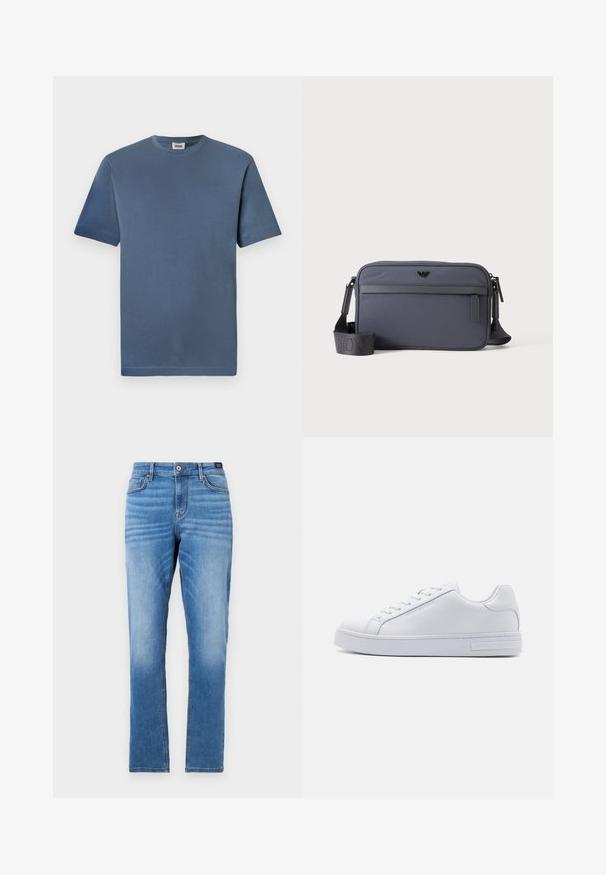 Blauwe katoenen t-shirt met een ronde hals en korte mouwen. Heeft een gladde textuur en een rechte zoom. Geen zichtbare patronen of graphics.; Lichtblauwe denim jeans met een rechte pasvorm, vijf zakken, sluiting met een knoop aan de voorkant en subtiele vervaging op de dijen.; Witte leren sneaker met een soepele textuur, ronde neus, vetersluiting aan de voorkant en platte rubberen zool. Voorzien van reliëfbranding op de hak.; Grijze rechthoekige crossbodytas met voorvak met rits, verstelbare schouderriem en klein zwart logo aan de voorkant in het midden.