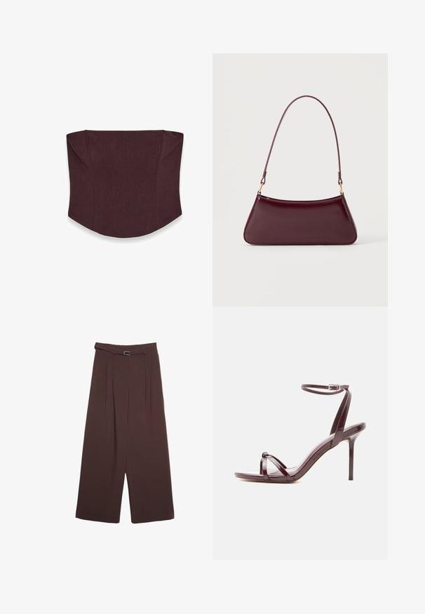 Bordeaux struktureret korset med en kontureret form, der har sømdetaljer og en glat tekstur. Ingen synlige lukninger eller dekorationer.; Stradivarius SMART WIDE-LEG WITH BUCKLE DETAIL - Bukser - dark brown; Højhælet sandal i burgunderrødt laklæder med tynd ankelrem og krydsede tåremme på hvid baggrund.; Mørk burgunderglans håndtaske med et enkelt tyndt håndtag og en elegant, trapezformet form på en ensartet lys baggrund.