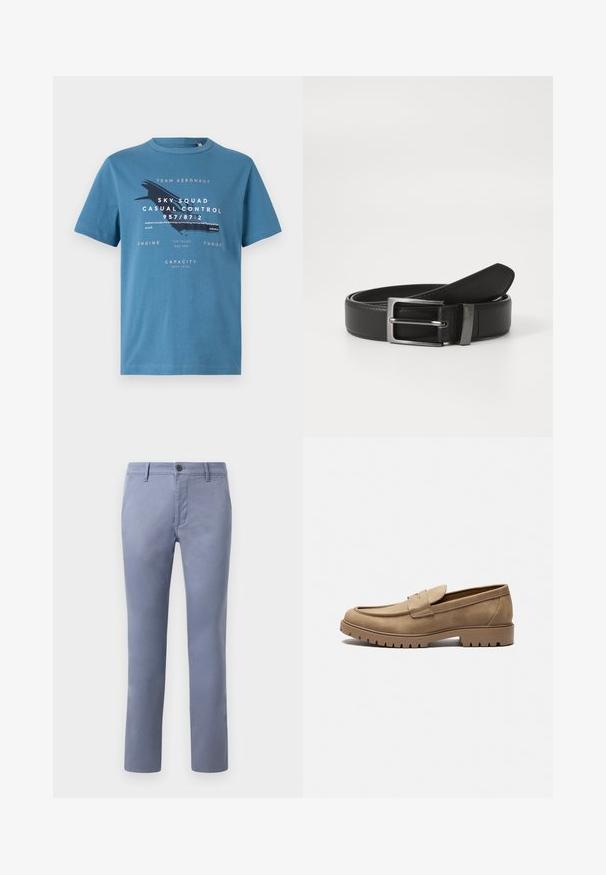 Camiseta de algodón azul con manga corta, que presenta un diseño gráfico de texto y un avión en la parte frontal. Cuello redondo y corte regular.; Chinos de algodón azul claro con un corte ajustado, que cuentan con cierre de botón, cinturilla con trabillas y bolsillos laterales, textura suave y perneras rectas.; Mocasines de gamuza color marrón claro con punta redondeada, suela plana de goma y costuras decorativas en la parte superior. Presentan un diseño sin cordones para poner y quitar fácilmente.; Cinturón de cuero negro con hebilla de metal plateada, que presenta un acabado suave y un diseño clásico. El cinturón está neatly doblado.
