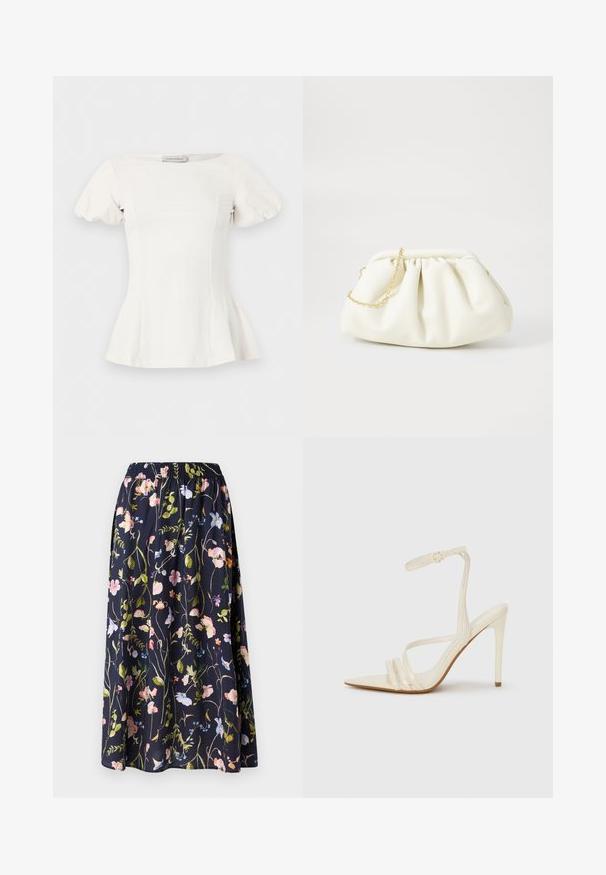 Hvid kortærmet bluse med puffede ærmer, figursyet talje, bådudskæring og let flare ved kanten.; Marineblomstret nederdel med elastisk talje, der har et print af lyserøde, blå og grønne blomster på et struktureret stof.; Beige sandaler med høje hæle og spids tå, med tre stropper foran og en tynd ankelrem med spænde. Glat tekstur, minimalistisk design.; Hvid læderhåndtaske med en samlede design, forsynet med en guldkæde-strop og en rund form. Glat tekstur med bløde folder og ingen mønstre.
