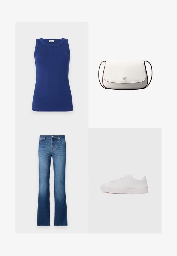 Blå ribbet tanktop med rund halsudskæring og uden ærmer. Har en tætsiddende silhuet og en glat overflade. Mærke på halsudskæringen.; Blå denim flared jeans med et klassisk fem-lomme design, der har en falmet vask, guldtråde og en knaplukning i taljen.; Hvide sneakers med en glat læderoverdel, rund tå og flad gummisål. Har snørefunktion og et diskret logo på siden.; Hvid skuldertaske med klaplukning, lille sølv "cK" logo i midten og tynd, justerbar, mørkebrun rem.