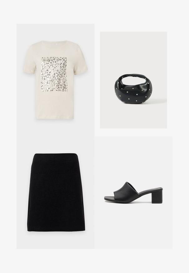 T-shirt beige à manches courtes avec un imprimé animal en argent carré au centre. Matière en coton doux, col rond classique.; Mini-jupe noire en tissu doux, avec une coupe droite et une taille sans coutures, sans fermetures ni motifs visibles.; Mules à talons carrés en cuir noir avec un bout ouvert, présentant une surface lisse et un upper légèrement courbé pour le confort et le style.; Sac à main en cuir noir de forme arrondie, décoré de clous argentés et équipé d'une poignée courte. Texture lisse et fermeture éclair.