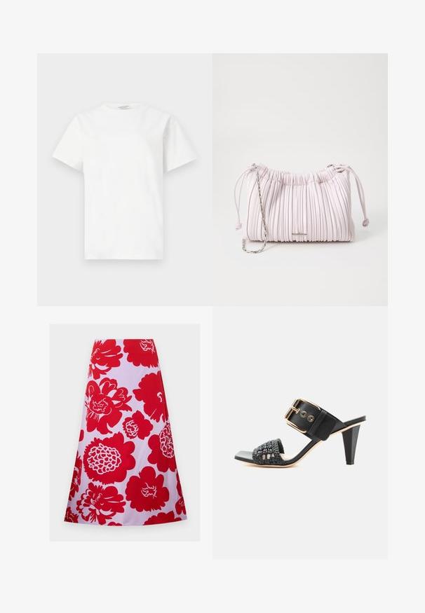 White short-sleeve crewneck T-shirt with a small, subtle embossed logo at the chest, displayed on a plain background.; Red floral patterned skirt on a white background; knee-length with a flared design and smooth texture. No visible fastenings or accents.; Black high-heeled sandal with woven front strap and wide ankle strap featuring a large gold buckle on a white background.; Pink pleated handbag made of faux leather, featuring a drawstring closure and a silver chain shoulder strap. Smooth texture, compact shape.