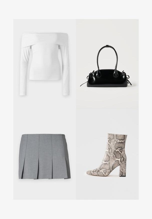 Biela off-shoulder blúzka s dlhým rukávom vyrobená z jemnej bavlny. Má priliehavý strih a hladkú textúru s čistým dizajnom.; Sivá skladaná sukňa s hladkou textúrou, štruktúrovaným dizajnom a priliehavým pásom. Vyrobená z ľahkej tkaniny s jemným vzorom.; Kotlík vysoký po členky s robustným podpätkom v béžovej a šedej hadej vzoru, vystavený na jednoduchom svetlom pozadí.; Malá čierna lesklá kabelka s dvoma dlhými rúčkami a bočnými šnúrkovými detailmi na jednoduchom svetlom pozadí.