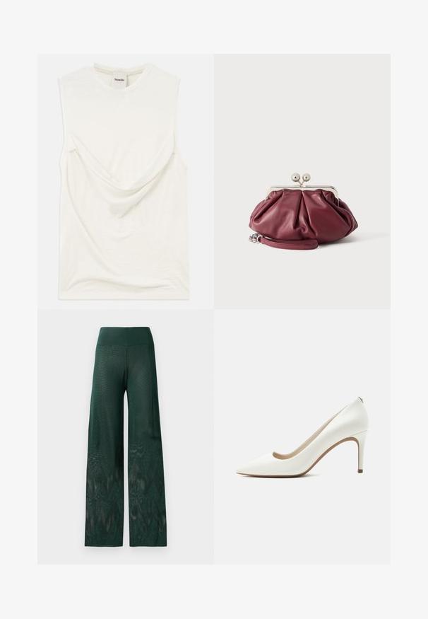 Haut sans manches blanc avec un détail drapé à l'avant, fabriqué en tissu doux et léger. Présente un col rond et une coupe décontractée.; Pantalons larges verts en maille légère avec un motif en zigzag au niveau de l'ourlet. Présente une taille lisse pour plus de confort.; Escarpin blanc en cuir à bout pointu avec talon aiguilles fin et haut, finition lisse, vu de profil sur fond clair uni.; Petite pochette en cuir bordeaux avec fermoir en métal argenté et bracelet pour poignet sur fond blanc.