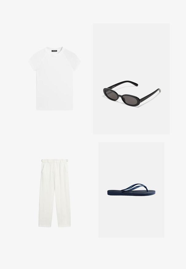 Hvid kortærmet T-shirt med rund halsudskæring, raglanærmer og et sort mærke inde i kraven med teksten Massimo Dutti.; Hvide højttaljede viddebukser med sidelommer og justerbare bæltestropper, vist fladt på en hvid baggrund.; Marineblå gummiflip-flop med tekstureret sål og Y-formede stropper, isoleret på ensartet lysegrå baggrund.; Even&Odd Solbriller - black