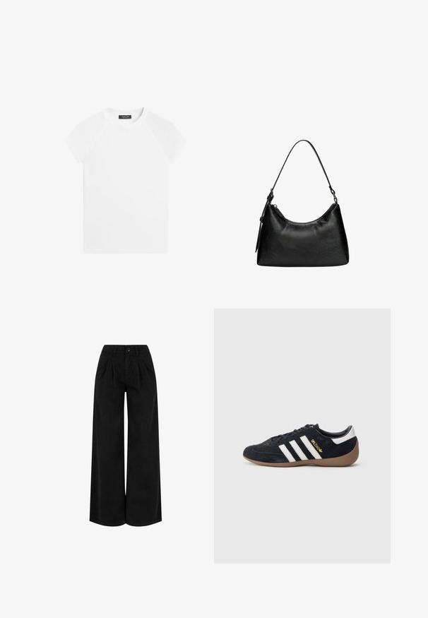 Hvid kortærmet T-shirt med rund halsudskæring, raglanærmer og et sort mærke inde i kraven med teksten Massimo Dutti.; Sorte bukser med høj talje og vide ben med forreste plisseringer, knaplukning og bæltestropper, vist mod en hvid baggrund.; Sort ruskindssneaker med tre hvide striber, gummisål og et lille gyldent logo på siden. Har en glat sort foring indvendigt.; Sort syntetisk læder håndtaske med en buet form, kort håndtag, lynlåslukning og en subtil tekstureret overflade.