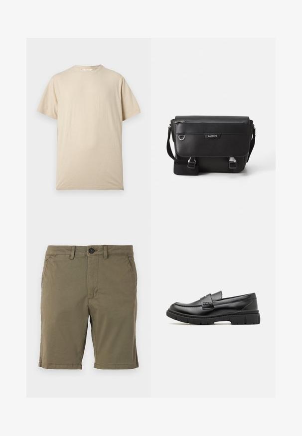 T-shirt beige à manches courtes avec col rond, design uni, présenté sur un fond clair.; Shorts vert olive en tissu mélangé coton, avec une fermeture à bouton, des poches avant et un bas ourlé avec des détails de couture subtils.; Mocassin en cuir noir avec une large sangle sur le devant, semelle en caoutchouc à épaisse rainure, et texture lisse. Design classique et élégant.; Sac messager Lacoste noir texturé avec bandoulière ajustable, rabat avant, poche zippée et fermetures à boucle en métal.