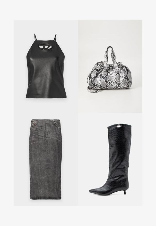 Débardeur en simili cuir noir avec des bretelles fines, un col halter, et un détail en découpe ovale au niveau de la poitrine. Texture lisse, design ajusté.; Jupe midi en denim gris avec des rayures verticales, présentant une taille haute, un design à cinq poches et un ourlet net.; Botte noire à hauteur de genou en cuir verni embossé crocodile, avec un bout pointu et un petit talon kitten, agrémentée d'un accent angulaire en argent sur le dessus.; Sac à main en motif peau de serpent noir et blanc avec deux poignées, une fermeture à cordon et une bandoulière amovible. Texture lisse.