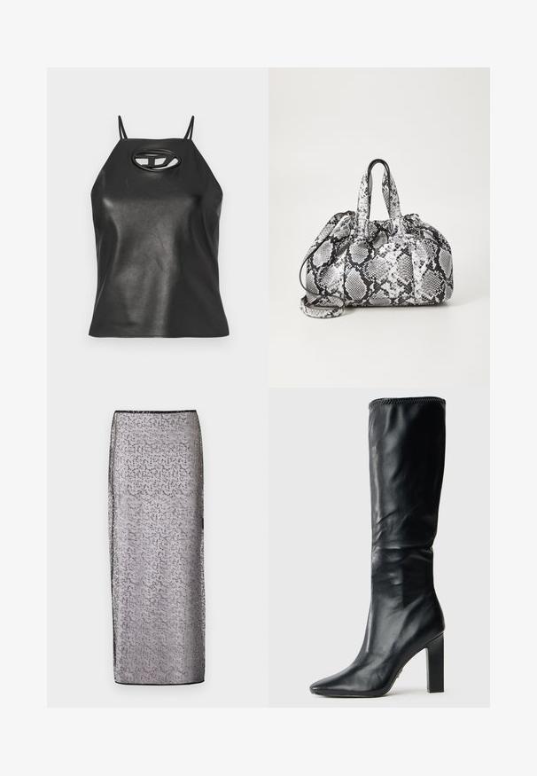 Top sin mangas de cuero sintético negro con tirantes finos, cuello halter y detalle de corte ovalado en el pecho. Textura suave, diseño ajustado.; Larga falda ajustada de tejido plateado transparente con un patrón sutil y acentos brillantes. Presenta una cinturilla y un dobladillo negros.; Botas de cuero negras hasta la rodilla con un diseño elegante, punta afilada y tacón cuadrado alto, que presentan una textura suave y un borde superior cosido.; Bolso de mano con patrón de piel de serpiente en blanco y negro, con dos asas, un cierre de cordón y una correa para el hombro desmontable. Textura suave.