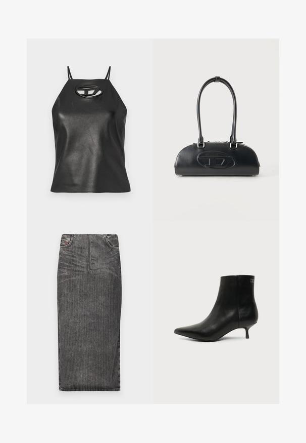 Sort faux læder tanktop med tynde stropper, halterneck og en oval udskæring ved brystet. Glat tekstur, tætsiddende design.; Grå denim midi-skjørt med vertikale striber, med høj talje, fem lomme-design og en ren kant.; Sort læder ankelstøvle med spids tå og lav kitten hæl på lys baggrund, der viser yderside.; Sort læderhåndtaske med lange dobbelte håndtag og præget ovalt logo foran, vist mod en ensartet lys baggrund.