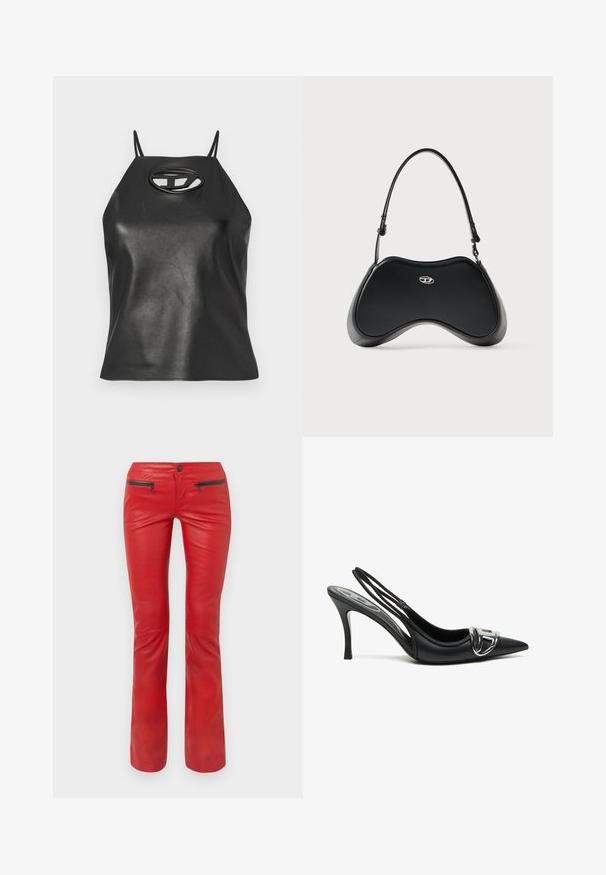 Top sin mangas de cuero sintético negro con tirantes finos, cuello halter y detalle de corte ovalado en el pecho. Textura suave, diseño ajustado.; Pantalones de cuero rojo con un acabado texturizado, que cuentan con dos bolsillos frontales con cremallera y un diseño ajustado que se ensancha ligeramente en el tobillo.; Zapatos de tacón alto de charol negros con tira trasera y punta afilada, que presentan un detalle de hebilla plateada brillante y un tacón delgado. Textura de cuero suave, diseño minimalista.; Bolso de mano de cuero sintético negro con una forma curva única, asa corta y un detalle de logo plateado en el frente. Textura suave, diseño minimalista.