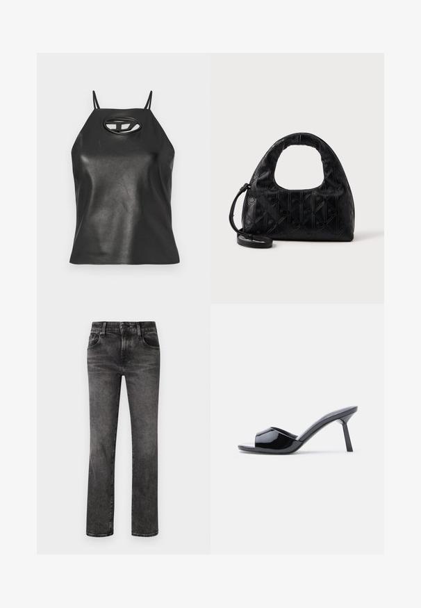 Zwarte faux leren tanktop met dunne bandjes, een halternek en een ovale uitsparing op de borst. Gladde textuur, aansluitend ontwerp.; Zwarte denim jeans met een rechte snit, voorzien van vijf zakken, een knoop- en ritsluiting, en subtiele vervaging over de stof.; Zwarte lakleren open-teen sandalen met hak, met een gebogen bovenkant ontwerp en een taps toelopende naaldhak. Gladde glanzende afwerking.; Zwarte leren handtas met een gebogen bovenhandvat, subtiel diamantenpatroon en een afneembare schouderband. De textuur is glad met geperste details.