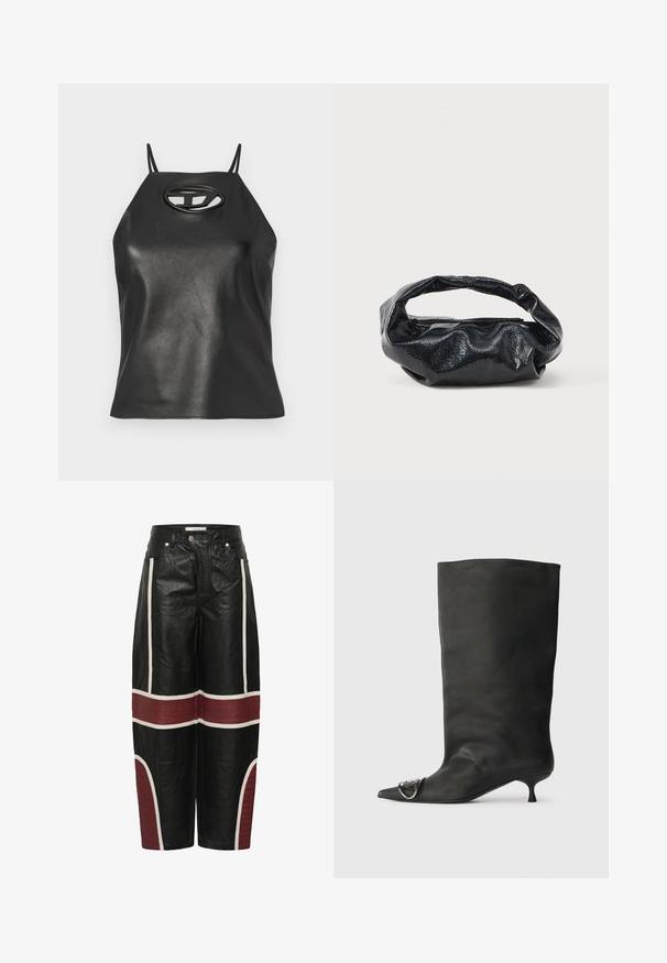 Sort faux læder tanktop med tynde stropper, halterneck og en oval udskæring ved brystet. Glat tekstur, tætsiddende design.; Sorte vide læderbukser med hvide lodrette striber og vandrette maroon vatterede paneler over knæene og på de nederste ben.; Sort læder ankelstøvle med spidse tå, lille hæl og metallisk detalje på tæerne. Glat, mat overflade hele vejen igennem.; Sort taske lavet af blankt, tekstureret materiale med et cirkulært, snoet håndtag og lynlås. Har et blødt, rynket design.