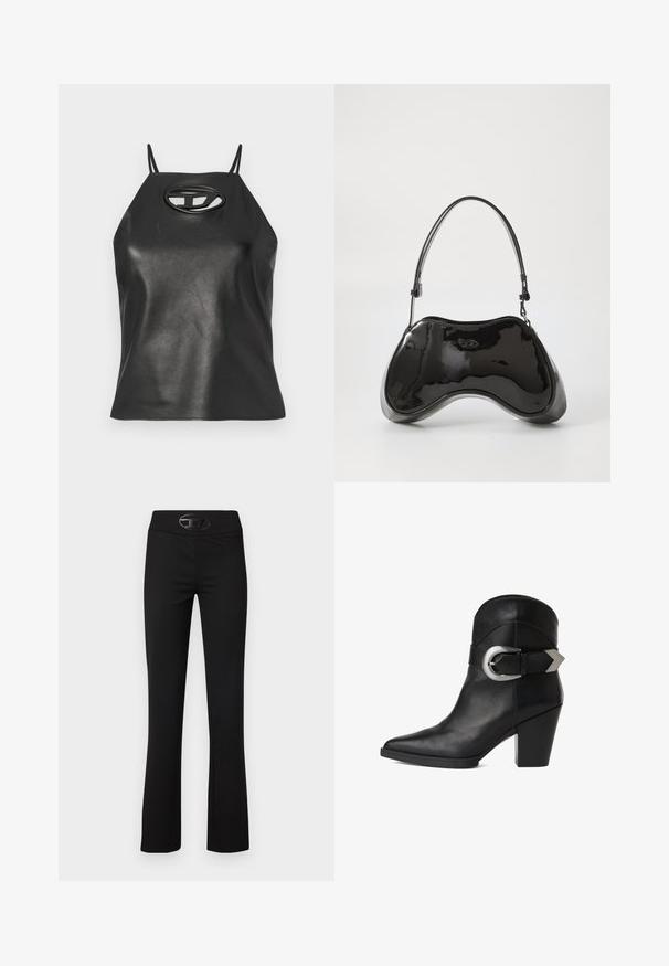 Débardeur en simili cuir noir avec des bretelles fines, un col halter, et un détail en découpe ovale au niveau de la poitrine. Texture lisse, design ajusté.; Pantalons évasés noirs en tissu lisse et extensible. Dotés d'une large ceinture et d'un accent logo noir brillant à l'avant.; Bottine en cuir noir avec un bout pointu, un talon épais et une large sangle ornée d'une boucle circulaire en argent sur le côté. Texture lisse.; Sac à main en cuir verni noir avec une forme incurvée unique, une anse courte et ajustable, et une fermeture zippée. Texture lisse avec un branding discret.
