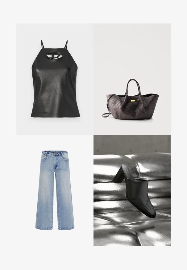 Sort faux læder tanktop med tynde stropper, halterneck og en oval udskæring ved brystet. Glat tekstur, tætsiddende design.; Lyseblå brede jeans med høj talje, fem lommer og kontrastsyninger. Fremstillet af denim med en glat tekstur.; Sort lædermule med blokhæl hvilende på en skinnende sølvpolstret overflade, der fremhæver dens elegante design og buede detaljer.; Stor mørk håndvævet taske med dobbelte håndtag og en aftagelig skulderrem på en ensfarvet baggrund.
