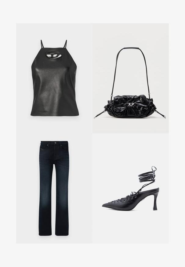 Top sin mangas de cuero sintético negro con tirantes finos, cuello halter y detalle de corte ovalado en el pecho. Textura suave, diseño ajustado.; Jeans de mezclilla azul oscuro, con un diseño de pierna recta, cinco bolsillos y un sutil desgaste en los muslos y la parte inferior de las piernas.; Zapato de tacón alto negro con punta afilada, correas alrededor del tobillo y múltiples ojales en la parte frontal para cordones.; Bolso de mano de cuero negro con diseño fruncido y detalle de lazo en la parte frontal. Cuenta con un asa corta y detalles metálicos en color plata.