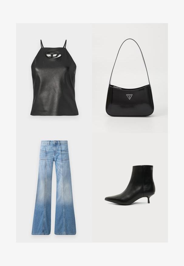 Top sin mangas de cuero sintético negro con tirantes finos, cuello halter y detalle de corte ovalado en el pecho. Textura suave, diseño ajustado.; Vaqueros acampanados de color azul claro hechos de mezclilla. Cuentan con una cintura alta, cuatro bolsillos y un efecto de degradado desvaído hacia el dobladillo.; Botín de piel negra con puntera puntiaguda y tacón bajo estilo kitten sobre fondo claro, mostrando vista lateral exterior.; Bolso de hombro de charol negro con forma curva, que presenta un logotipo triangular plateado y un cierre de cremallera. Textura suave y correa delgada.