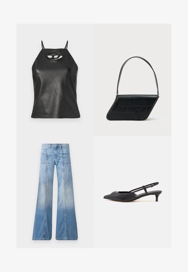 Top sin mangas de cuero sintético negro con tirantes finos, cuello halter y detalle de corte ovalado en el pecho. Textura suave, diseño ajustado.; Vaqueros acampanados de color azul claro hechos de mezclilla. Cuentan con una cintura alta, cuatro bolsillos y un efecto de degradado desvaído hacia el dobladillo.; Zapatos slingback negros con punta afilada, hechos de material suave, con un pequeño tacón y un acento decorativo plateado en el empeine.; Bolso de hombro de cuero negro con forma triangular, logo en relieve y una sola correa ajustable. Diseño minimalista con textura suave.