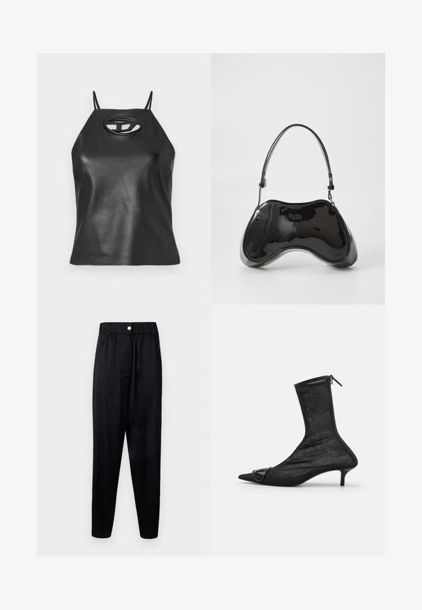 Sort faux læder tanktop med tynde stropper, halterneck og en oval udskæring ved brystet. Glat tekstur, tætsiddende design.; Sorte bukser lavet af glat, letvægtsstof. Har en elastisk talje, sidelommer og tapered ben for en afslappet pasform.; Sorte mesh ankelstøvler med spidse tæer, lynlås og en lille hæl. Har en dekorativ spændeaccent nær tåområdet.; Sort patentlæder håndtaske med en unik buet form, kort justerbar hank og en lynlåslukning i toppen. Glat tekstur med diskret branding.