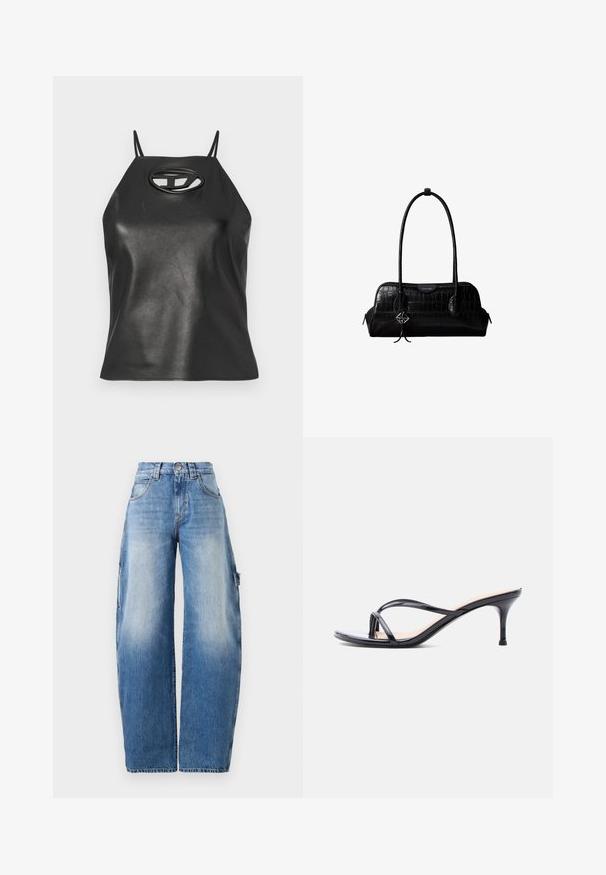 Must või naha sarnane tank top õhukeste rihmadega, halter-kaelusega ja ovaalse lõikega detailiga rinnas. Sile tekstuur, keha rikka disain.; Heledad sinine lai jalad, valmistatud denimist. Omab kõrget vööd, kerget kulumist, suuri küljetaskuid ja kontrastseid õmbluste detaile.; Mustast lakknahast kontsakingad, millel on õhukesed risti kõndivad rihmad ja kitsas keskmise kõrgusega konts.; Mustast krokodillinahast õlakott pikkade rihmade ja ühe rihma peal väikese hõbedase logoga ripatsiga.