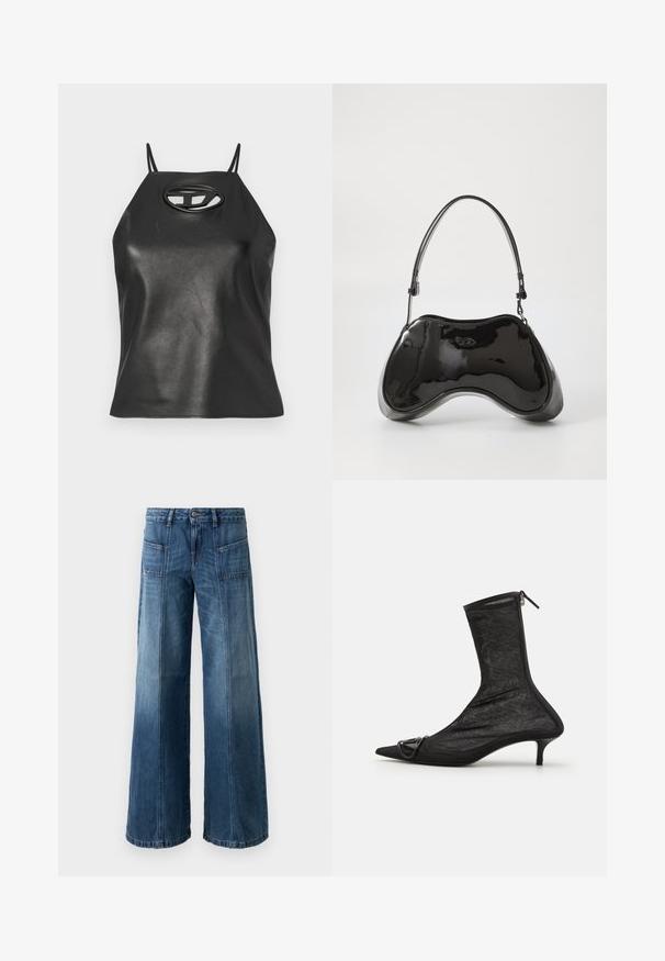 Sort faux læder tanktop med tynde stropper, halterneck og en oval udskæring ved brystet. Glat tekstur, tætsiddende design.; Videbenet jeans i en falmet blå denim. Har fem lommer, en knap- og lynlås-lukning, synlige syninger og en løs pasform.; Sorte mesh ankelstøvler med spidse tæer, lynlås og en lille hæl. Har en dekorativ spændeaccent nær tåområdet.; Sort patentlæder håndtaske med en unik buet form, kort justerbar hank og en lynlåslukning i toppen. Glat tekstur med diskret branding.