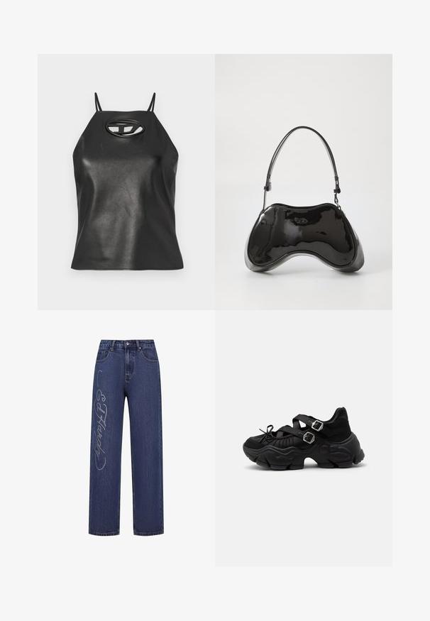 Sort faux læder tanktop med tynde stropper, halterneck og en oval udskæring ved brystet. Glat tekstur, tætsiddende design.; Mørkeblå denim jeans med løs pasform, der har dekorative sølv rhinsten, som danner teksten "Ed Hardy" langs venstre ben.; Sort chunky sneaker med tyk sål, to justerbare stropper med sølvspænder og snøredetalje foran.; Sort patentlæder håndtaske med en unik buet form, kort justerbar hank og en lynlåslukning i toppen. Glat tekstur med diskret branding.