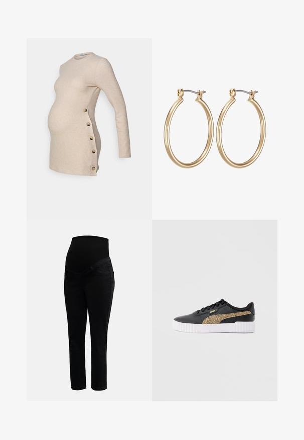 Beige zwangerschapsjurk met lange mouwen en een aangesloten vorm, voorzien van zijknopen en een zachte, gestructureerde stof.; Zwarte zwangerschapsjeans met een rekbare hoge tailleband en slanke pijpen, ontworpen voor comfort en ondersteuning tijdens de zwangerschap.; Zwarte Puma sneaker met witte platformzool en luipaardprintstreep aan de zijkant, weergegeven op een lichtgrijze achtergrond.; Gouden metalen ring oorbellen met een glad, rond ontwerp en een veilige scharnier sluiting. Lichtgewicht met een gepolijste afwerking.