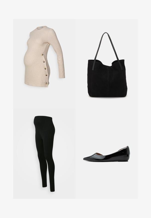 Vestido de maternidad beige de manga larga con forma ajustada, que presenta botones en los laterales y una tela suave y texturizada.; Leggings de maternidad negros con una cinturilla alta y de soporte, textura suave, diseño ajustado y sin patrones ni adornos visibles.; Zapato plano de charol negro con puntera puntiaguda y tacón cuña bajo, mostrado en perfil lateral sobre un fondo liso.; Bolso de mano de ante negro con dos correas de cuero largas y planas. Presenta un borde superior curvado y costuras visibles en la parte frontal. Sin acentos de metal.