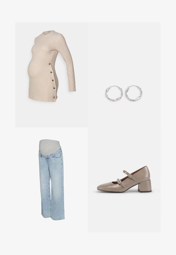 Beige Matrosen-Kleid mit langen Ärmeln und figurschmeichelnder Passform, ausgestattet mit Seitenschlitzen und einem weichen, strukturierten Stoff.; Hellblaue Jeans mit einem grauen dehnbaren Bund, weitem Bein und klassischer Fünf-Taschen-Optik. Glatte Textur mit ausgeblichenem Waschung.; Beige Lackleder-Mary-Jane-Schuh mit spitzem Zehenbereich, zwei verstellbaren Riemen und einem klobigen, quadratischen Absatz. Glatte Textur und minimale Hardware.; Silberne Creolen mit einer welligen, unregelmäßigen Textur. Besitzen eine dünne, kreisförmige Form und eine reflektierende Oberfläche.