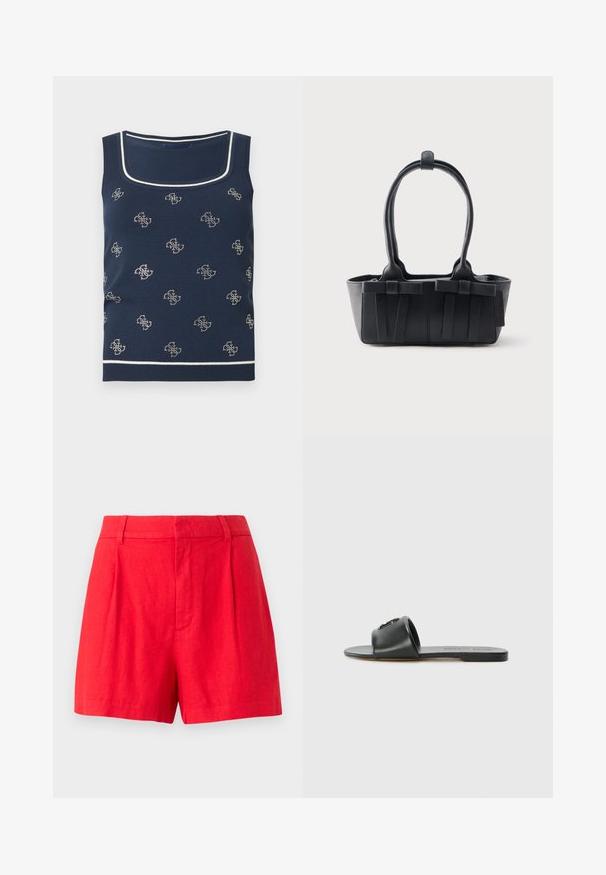 Marineblå tanktop med hvide kanter. Har et gentaget mønster af små, lyse motiver. Fremstillet af blødt, struktureret strikstof.; Røde linned shorts med et skræddersyet design, der har foldedetaljer, en glat tekstur og en mellemhøj talje.; MARC JACOBS THE SNAPSHOT SLIDE - Slip-on sandaler - black; Sort læderhåndtaske med to håndtag, dekorative remme og en rektangulær bund på en ensartet lys baggrund.
