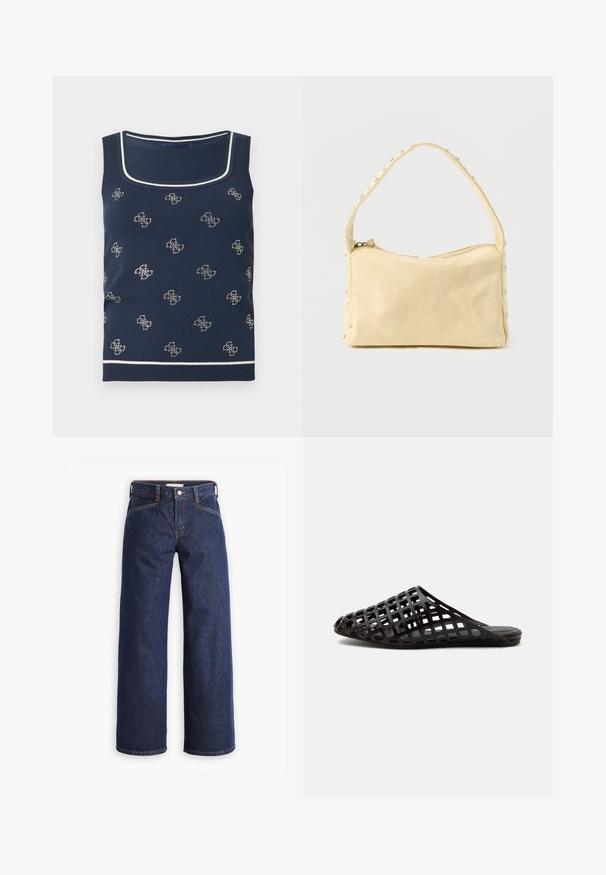 Débardeur bleu marine avec bordure blanche. Présente un motif répétitif de petits motifs clairs. Fabriqué en tissu maille doux et texturé.; Jeans en denim bleu marine avec taille haute, coupe large et broderies orange discrètes. Comprend une fermeture par bouton et zip à l'avant.; Sandale noire sans bride avec bout pointu et motif ajouré en treillis, semelle plate et talon ouvert sur fond uni.; Petit sac à main en cuir beige avec une seule bandoulière et des clous argentés le long des bords et de la bandoulière, posé sur un fond uni.
