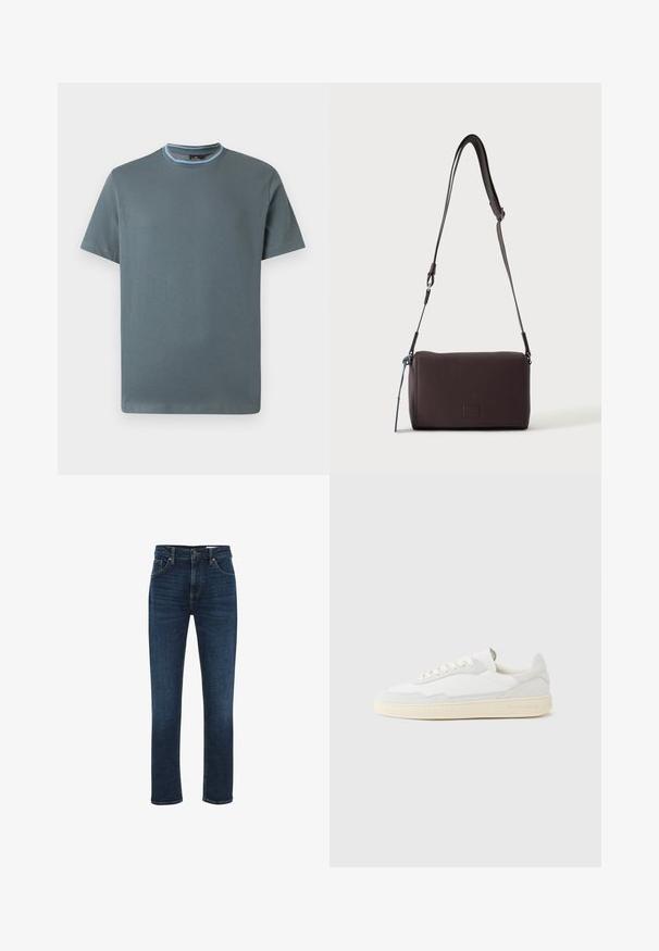 Lühikeste varrukatega, ümarakaelusega T-särk summutatud sinises toonis, mille krael on triibuline detail, esiots on ühtlane ja kangas on sileda tekstuuriga.; WE Fashion BLUE RIDGE - Sirgete säärtega teksad - dark blue; Valge tennisejalanõu, mille ülemine osa on valmistatud tekstuurse seemisnahast ja nahast. Omab ümarat ninaosa, paeltega sulgurit ja kontrastset beeži kummist tallaga.; Tumepruun tekstureeritud nahast üle õla kantav kott, reguleeritava rihmaga ja väikese sinise dekoratiivse aktsendiga küljes.