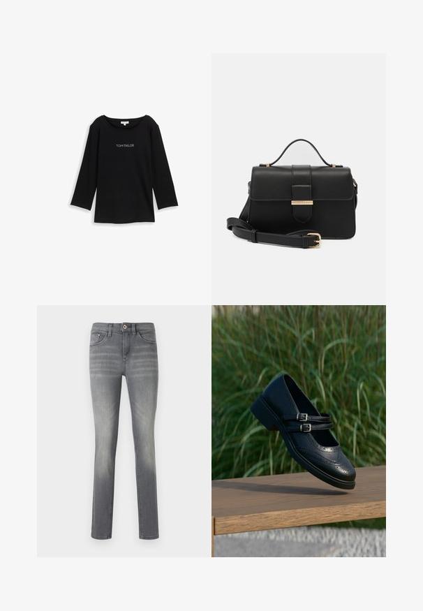 Schwarzes Langarm-T-Shirt aus weicher Baumwolle mit Rundhalsausschnitt und "TOM TAILOR"-Schriftzug aus Strasssteinen auf der Vorderseite.; Graue Denim-Jeans im Slim-Fit, mit einem ausgewaschenen Look, fünf Taschen, einem Knopfverschluss und dezenten Nähdetails.; Schwarzer Mary Jane Lederschuh mit doppelten Schnallenriemen und Brogue-Details, schwebend über einer Holzbank mit grünem Gras im Hintergrund.; Schwarze Lederhandtasche mit goldenen Metallakzenten, rechteckige Form, Klappenverschluss, verstellbarer Schultergurt, glatte Textur, minimalistisches Design.