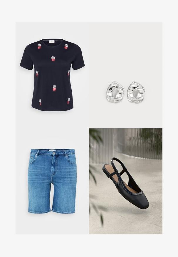Marineblå bomulds-T-shirt med korte ærmer; har røde og hvide broderede popcornposer spredt over forsiden. Blød tekstur. Rund hals.; Denim shorts i mellemblå farve, med lige snit, fem-lomme design og knaplukning. Blød tekstur, rene kantede kanter.; Sorte læder slingback flade sko med firkantet tå, prydet med en blank patenteret kant og justerbare remme for en sikker pasform.; Sølv abstrakte stud øreringe med en poleret finish, der har glatte kurver og subtile konturer. Ingen synlige mønstre eller accenter.