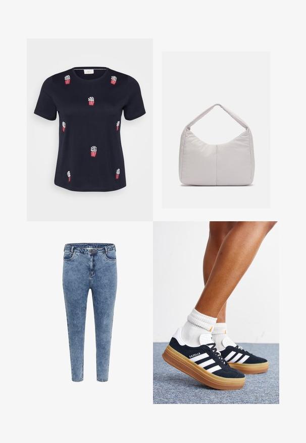 Marineblå bomulds-T-shirt med korte ærmer; har røde og hvide broderede popcornposer spredt over forsiden. Blød tekstur. Rund hals.; Blå denim skinny jeans med høj talje, fem lommer og lynlåslukning. Stoffet har en let falmet tekstur med kontrasterende syninger.; Ben iført hvide sokker og sorte Adidas Gazelle sneakers med hvide striber og tykke brune såler på et gråt tæppe.; Lys grå polstret skuldertaske med en buet form, der har en enkelt håndtag og en glat, textured overflade. Simpelt design uden yderligere hardware.